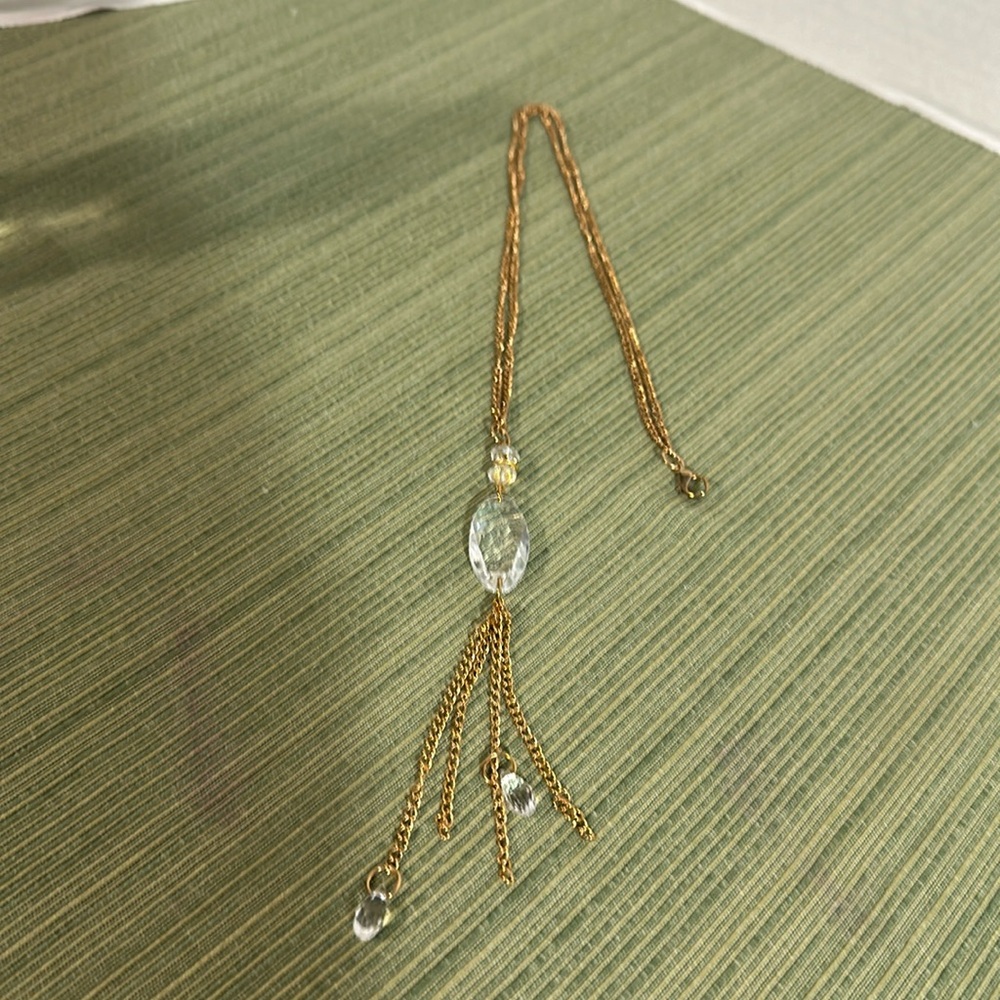X-Long Tassel Gold Tone Crystal Necklace Vintage